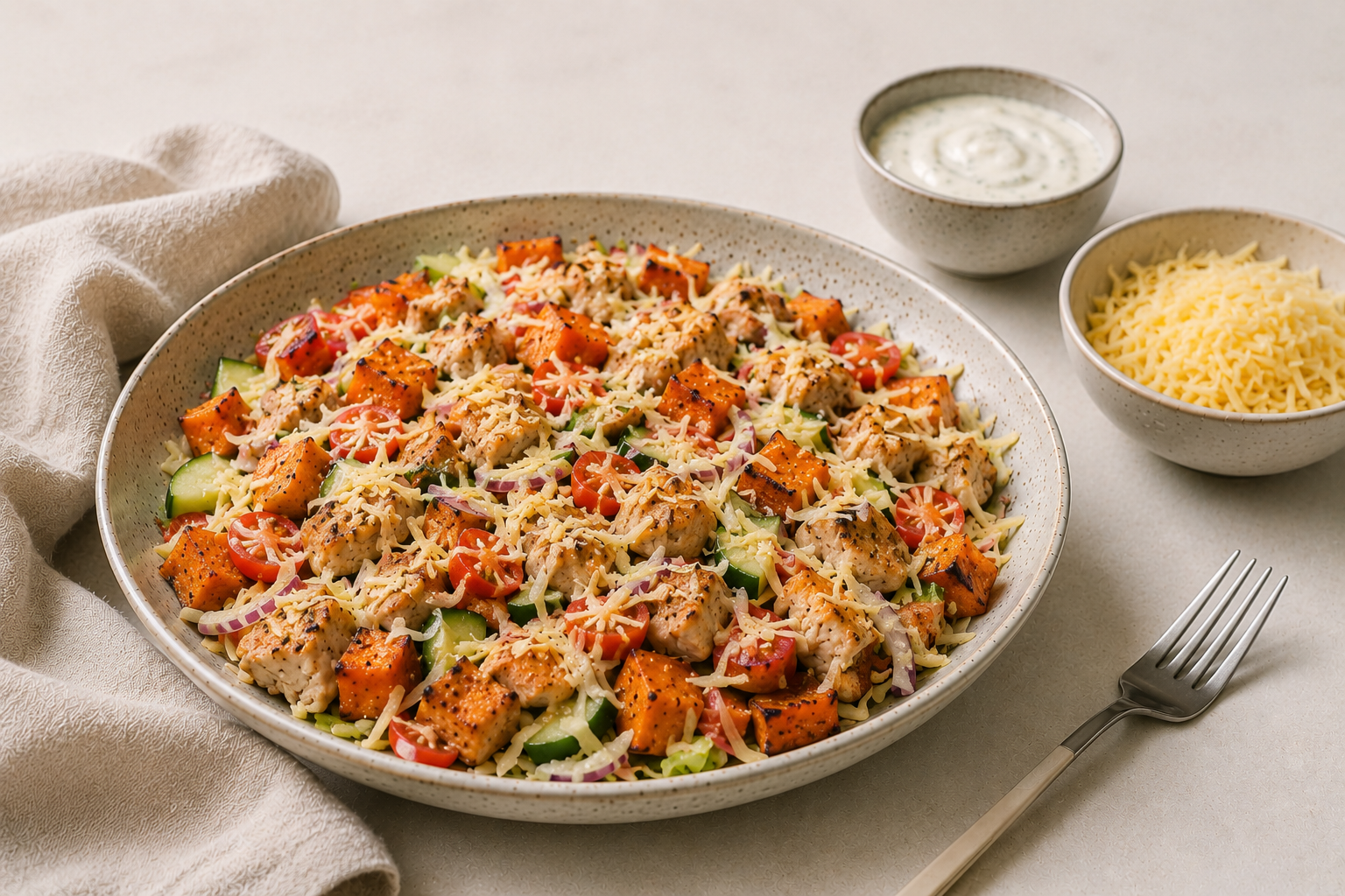 Gezonde Kapsalon uit de oven (met zoete aardappel & kip)