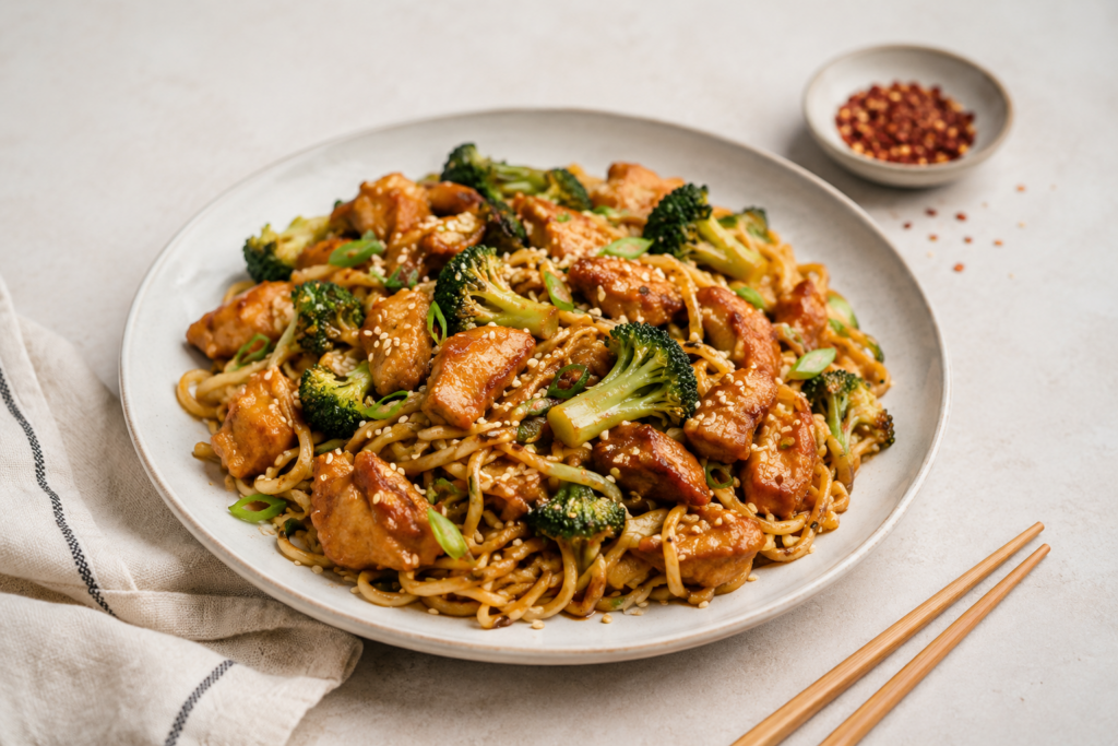 Sticky-miso-kip-met-noedels-en-broccoli