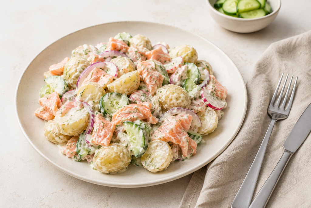 Frisse-krieltjessalade-met-gerookte-zalm-en-dille