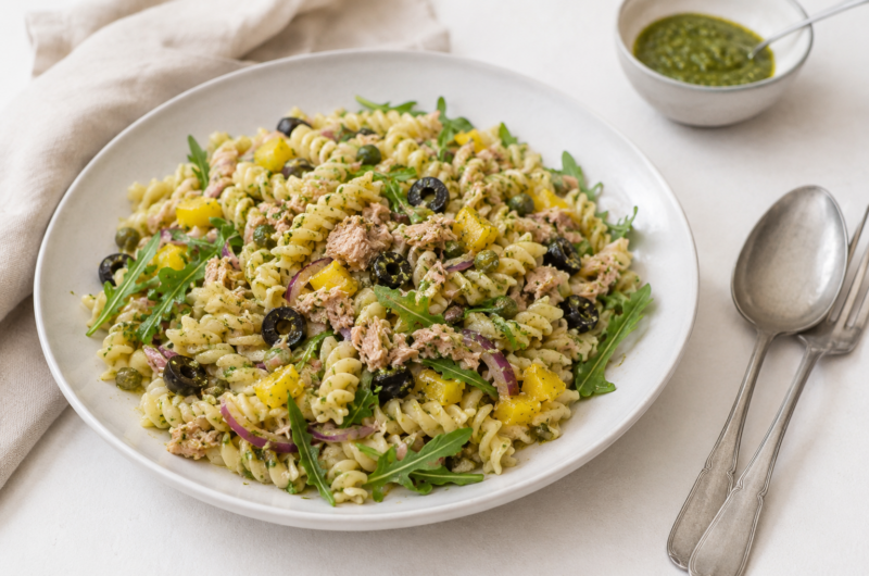 Frisse-tonijn-pastasalade-met-groene-pesto-en-rucola