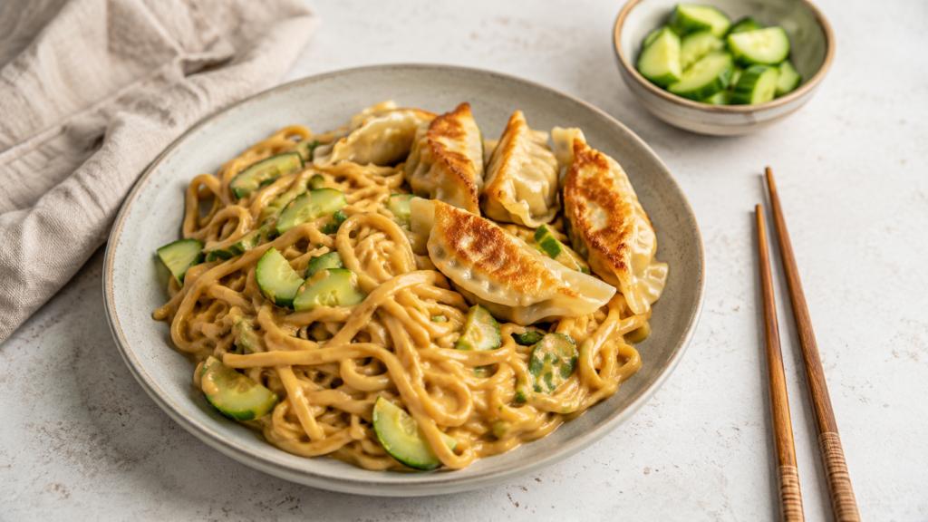 Romige-pindanoedels-met-krokante-gyoza-en-komkommer