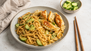 Romige-pindanoedels-met-krokante-gyoza-en-komkommer